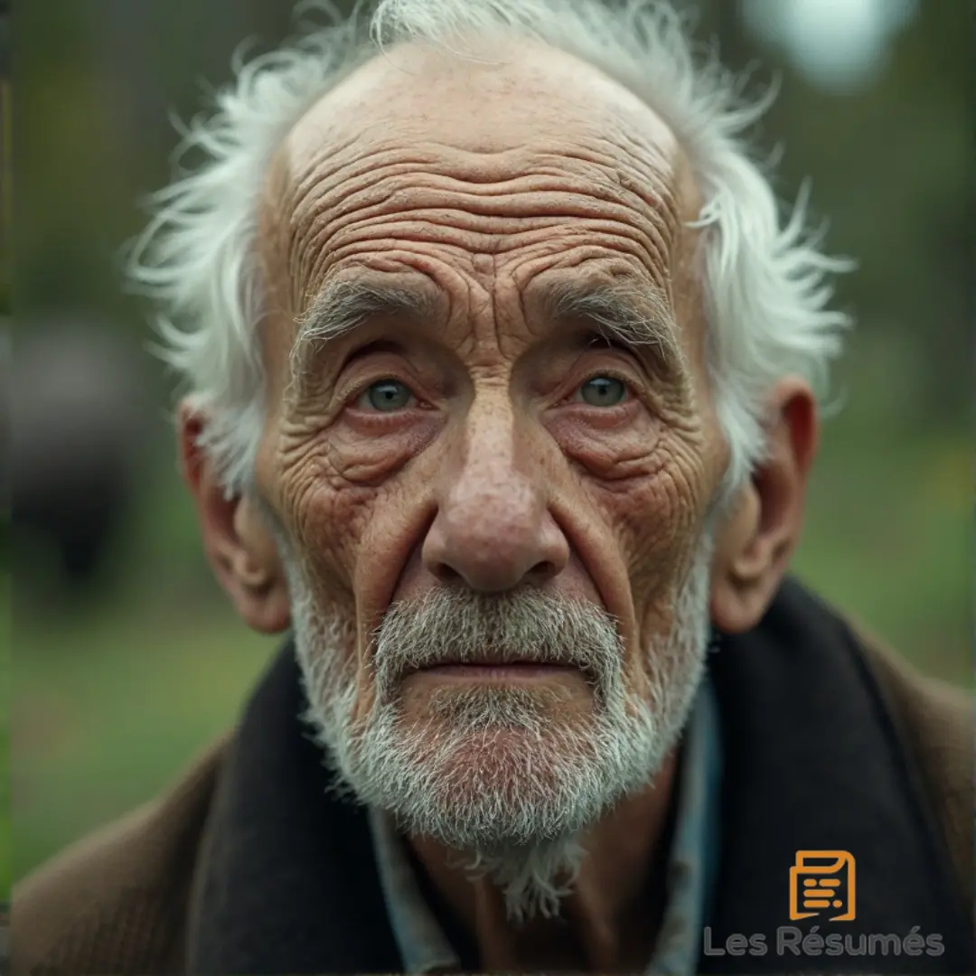 Le Vieux Monsieur aux cheveux blancs ébouriffés et au regard perdu, son visage marqué par les rides et la mélancolie. L’arrière-plan flou laisse deviner une silhouette étrange, accentuant son air de solitude et d’incompréhension face aux événements.