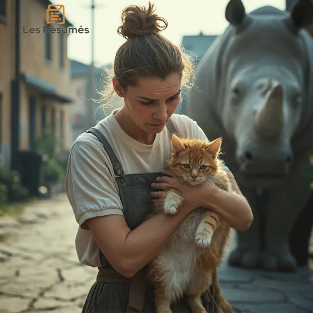 La Ménagère en tenue simple, un chat roux blotti contre sa poitrine, le regard baissé et inquiet. Derrière elle, un énorme rhinocéros s’approche lentement dans une rue baignée d’une lumière dorée, symbolisant son impuissance face à la transformation de son monde.