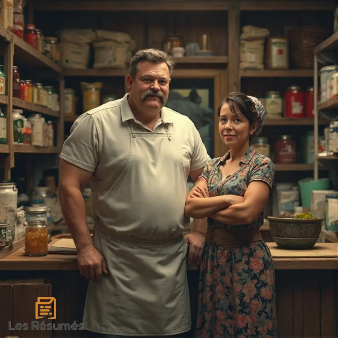 Un couple d’épiciers dans une petite boutique remplie d’étagères couvertes de bocaux et de produits alimentaires. L’homme, moustachu et robuste, porte un tablier blanc et regarde fièrement la caméra, tandis que sa femme, en robe fleurie et bras croisés, esquisse un léger sourire, manifestant leur assurance et leur conformité.