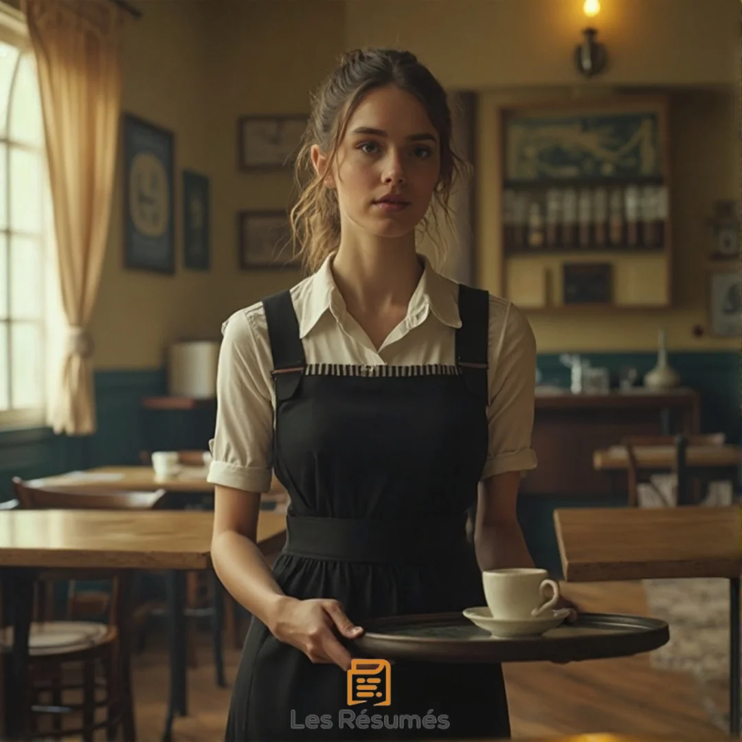 La Serveuse aux traits fins et aux cheveux relevés en chignon, vêtue d’une robe noire et d’un tablier blanc. Elle tient un plateau avec une tasse de café, debout au milieu d’un café vide, son regard perdu exprimant l’inquiétude face aux événements étranges qui se déroulent.