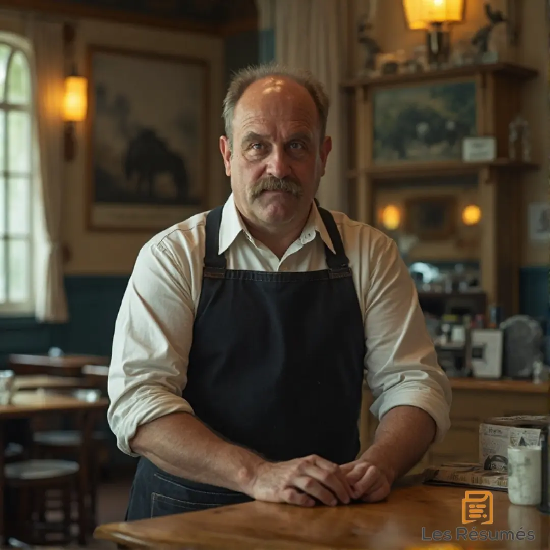 Le Patron du Café, moustachu, portant une chemise blanche et un tablier noir, debout derrière son comptoir en bois dans une brasserie traditionnelle. Son regard sévère et son expression tendue montrent qu’il tente de maintenir l’ordre malgré l’absurdité croissante de la situation.