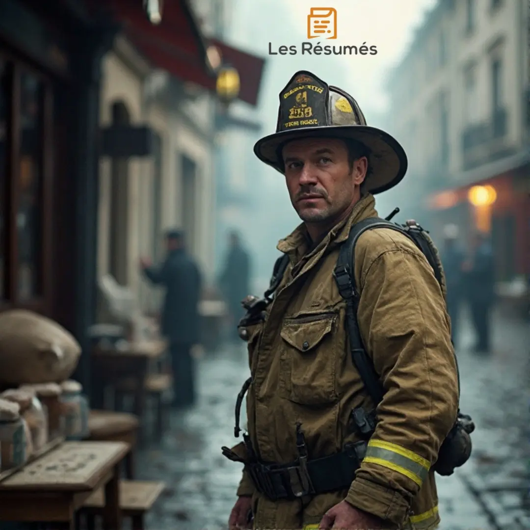 Le Pompier portant un casque et un équipement de secours. Il se tient dans une rue pavée légèrement embrumée, observant la scène avec sérieux, tandis que des silhouettes floues s’agitent en arrière-plan, laissant entendre une catastrophe en cours.