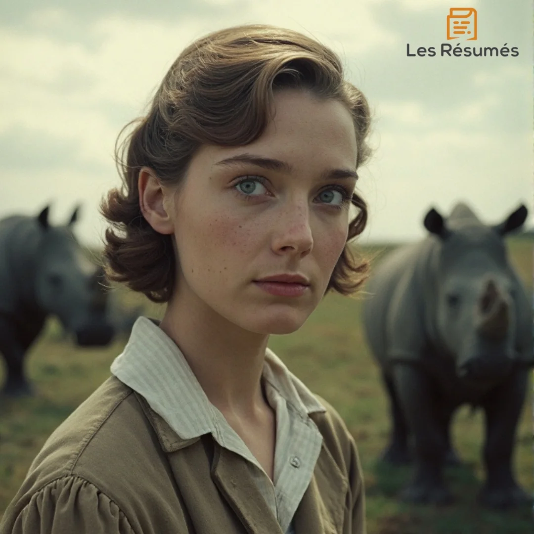 Daisy se tenant devant un champ où deux rhinocéros se dessinent à l’arrière-plan. Son regard fixe et son expression neutre trahissent à la fois la stupeur et une forme d’acceptation.