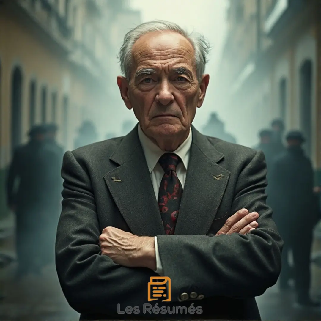 Monsieur Botard, vêtu d’un costume sombre et d’une cravate rouge. Il se tient fermement, les bras croisés, avec une expression de défi et de scepticisme, se refusant à croire aux transformations qui se déroulent sous ses yeux.