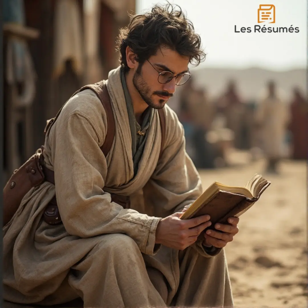 Photographie de L’Anglais, un homme studieux aux lunettes rondes, absorbé par un livre d’alchimie.