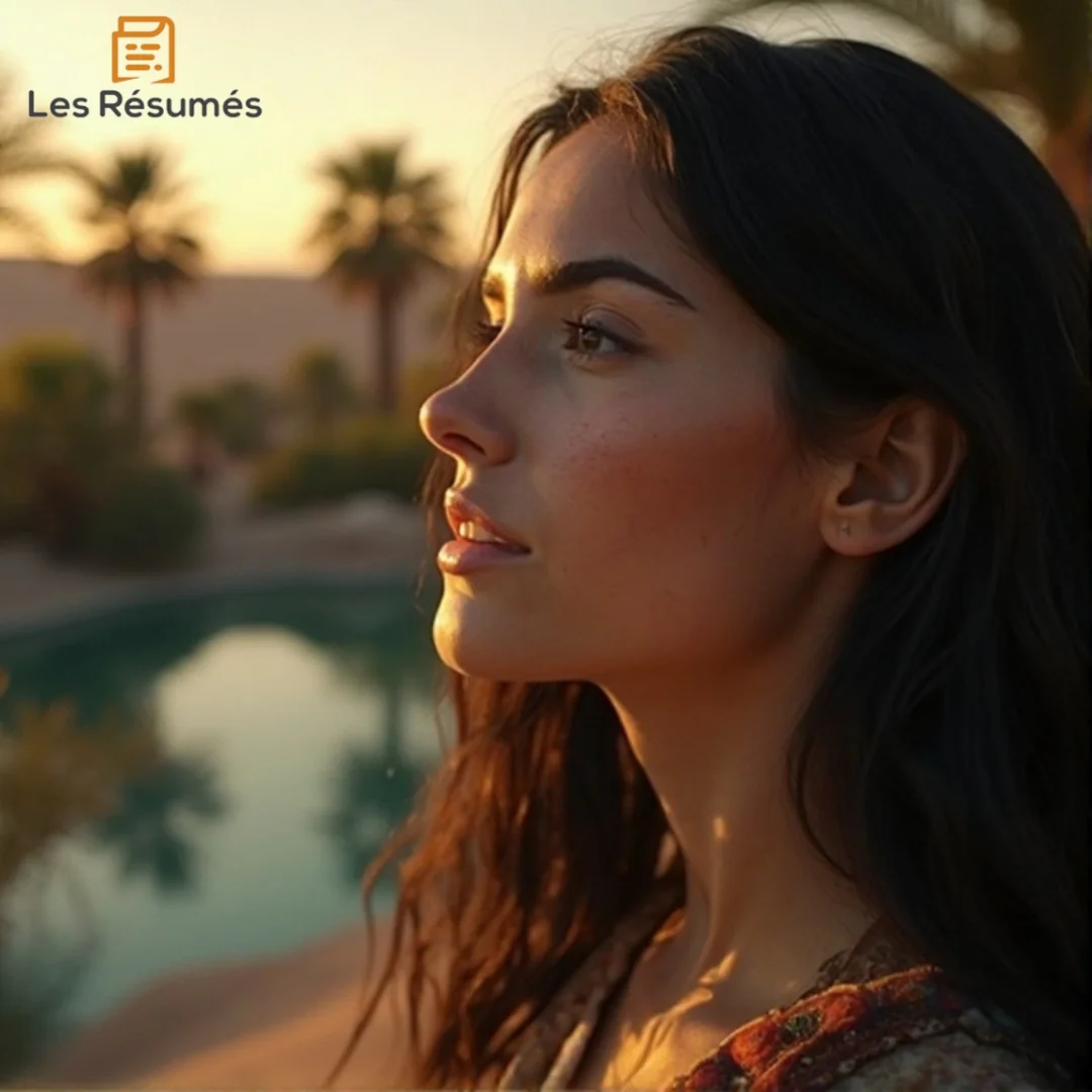 Photographie de Fatima, une jeune femme belle et sereine, aux longs cheveux noirs, regardant l’horizon près d’une oasis verdoyante au coucher du soleil.