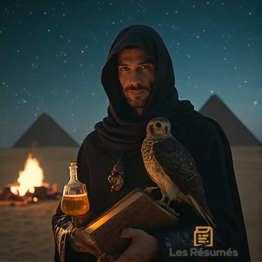Photographie de L’Alchimiste, un homme énigmatique vêtu d’une cape noire, tenant un livre ancien et une fiole dorée, avec un faucon posé sur son bras et les pyramides en arrière-plan sous un ciel étoilé.