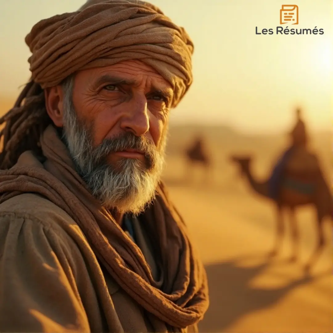 Photographie du chamelier, dans L'Alchimiste, vêtu d’un turban et d’une tunique sable, debout dans le désert avec des caravanes en arrière-plan.