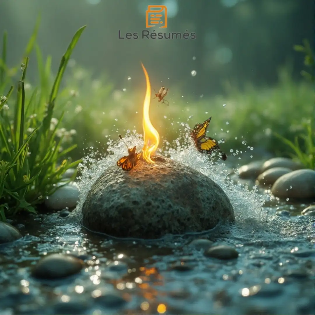 Photo de papillons qui dansent autour d'une flamme sur un caillou dans l'eau d'un près. Une photo poignante qui symbolise les éléments naturels dans Le Parti pris des choses. 