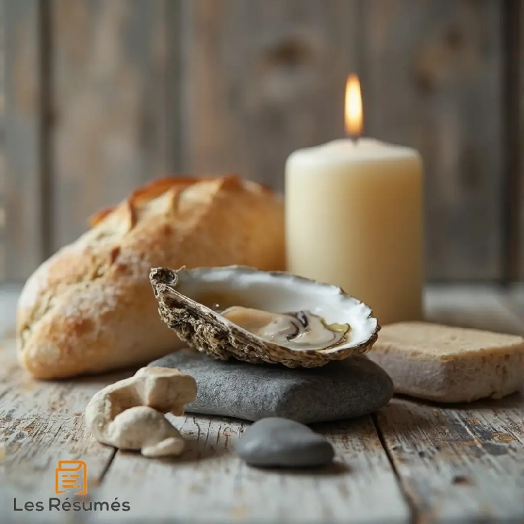 Photo d'une huître posée sur un galet avec un pain de campagne et une bougie. 