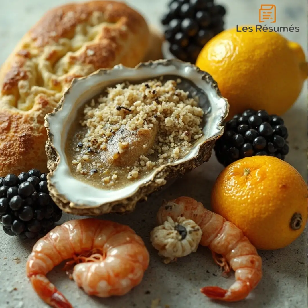 Photo de plusieurs aliments : pain, huître, mûres, crevettes, citrons représentant la poétique du parti pris des choses à travers la banalité du quotidien. 