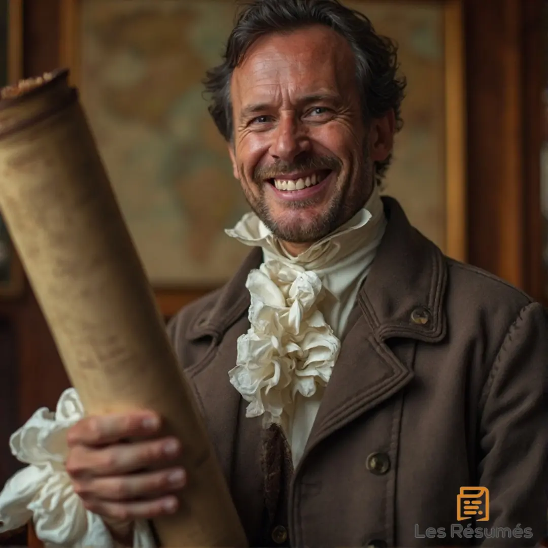 Photo du Squire Trelawney souriant, tenant un parchemin dans la main.