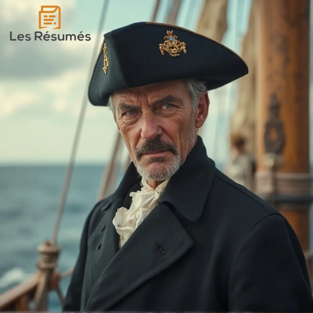 Photo du Capitaine Smollett dans l'Île au trésor, un homme droit et imposant, en uniforme naval distingué, observant l’horizon depuis le pont d’un navire.
