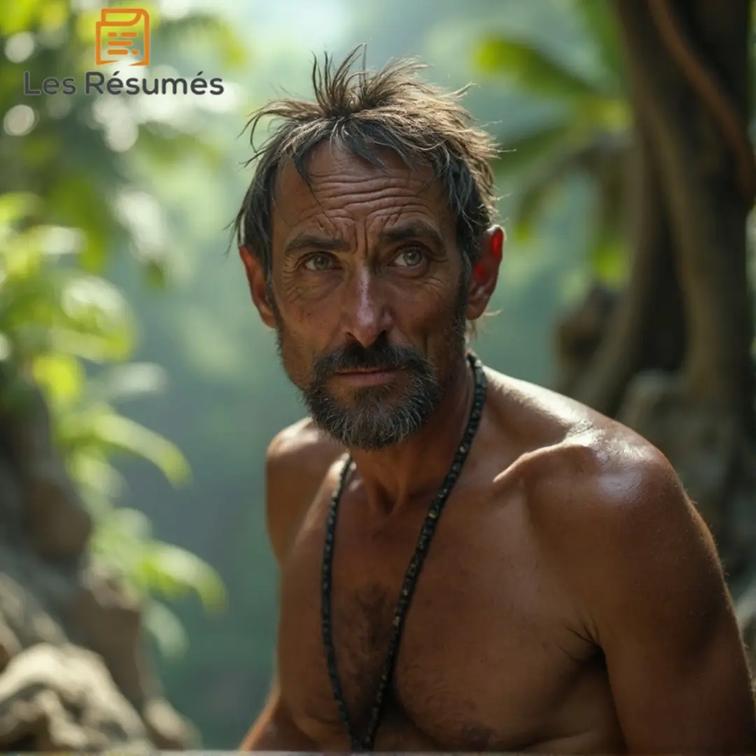 Photo de Ben Gunn, un homme amaigri et sauvage, aux cheveux hirsutes, perdu sur une île tropicale, observant avec méfiance son environnement.