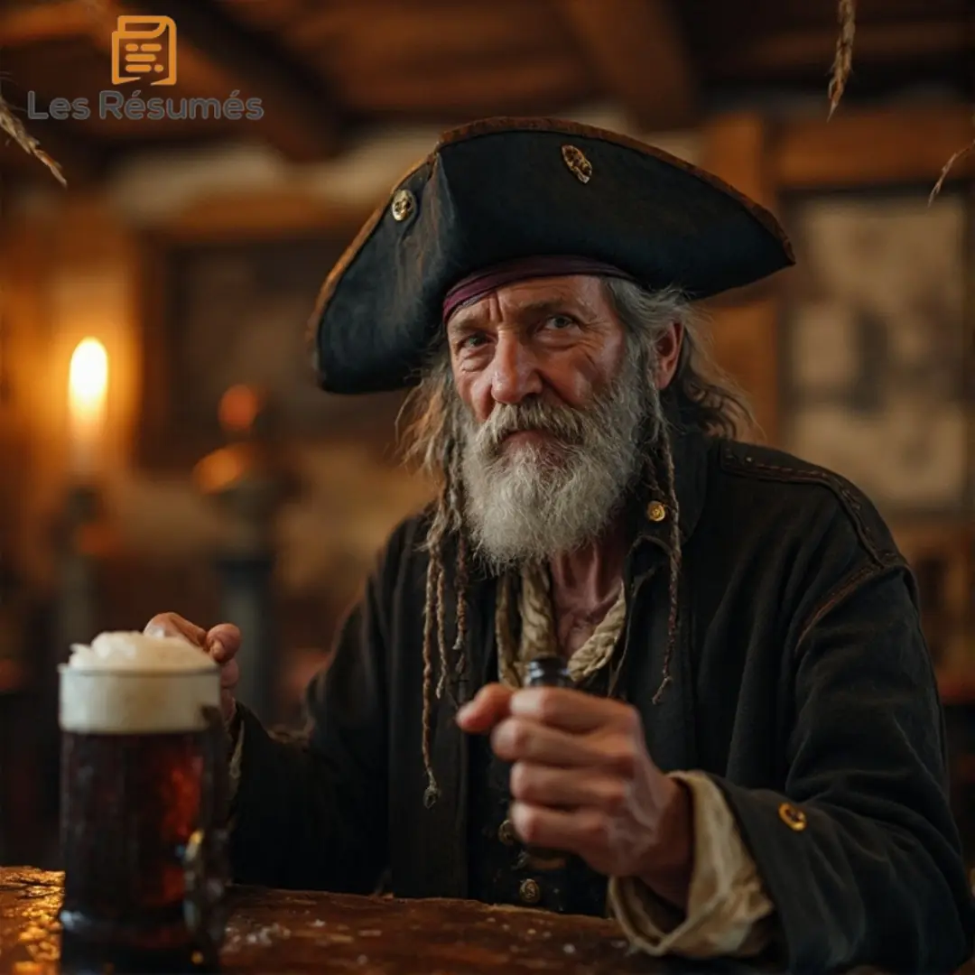 Photographie de Billy Bones, un vieux marin au regard perçant, assis dans une taverne sombre avec une chope de bière mousseuse, vêtu d’un lourd manteau noir.