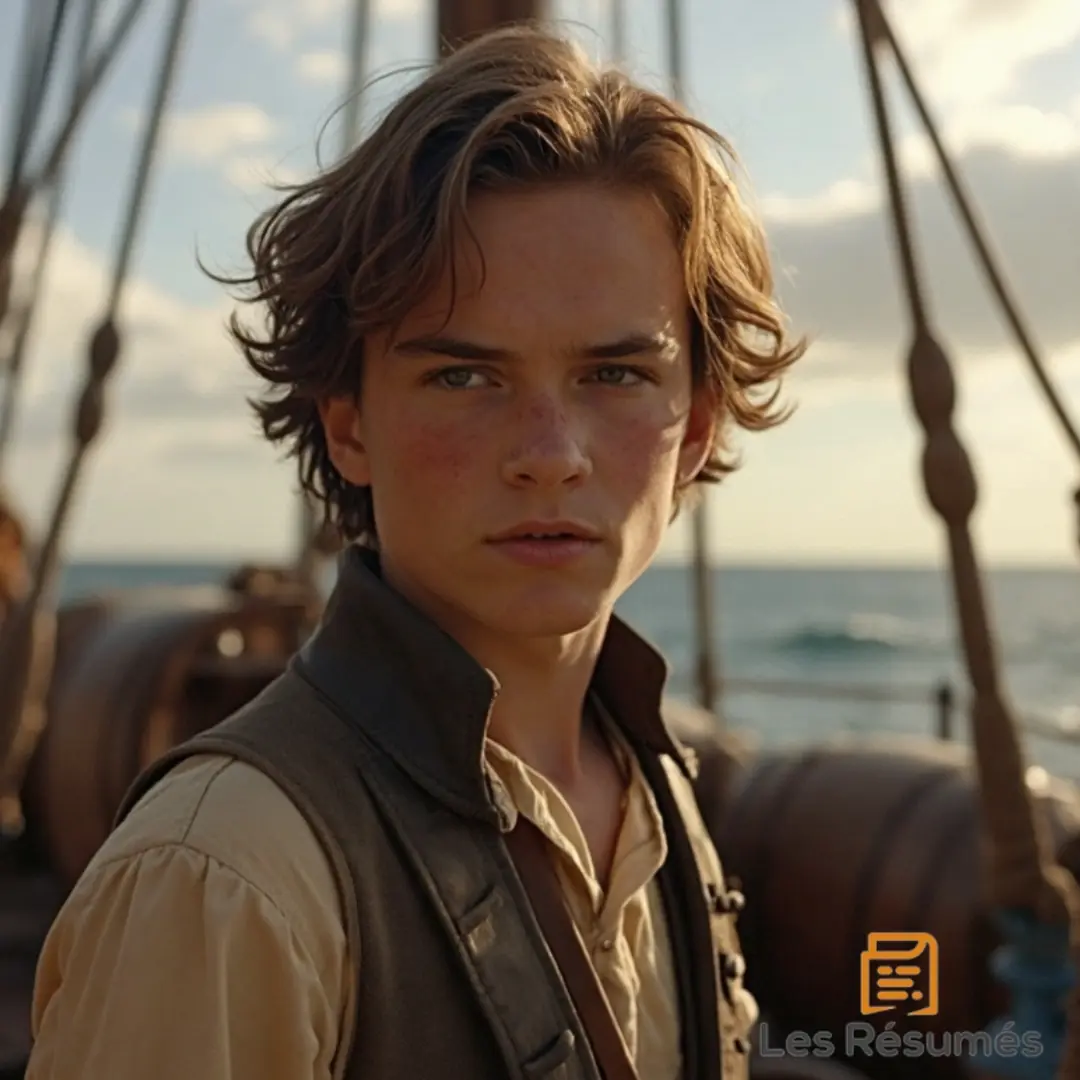 Photo de Jim Hawkins, le jeune héro de l'Île au Trésor, au regard vif et déterminé, debout sur un bateau, le vent dans les cheveux.