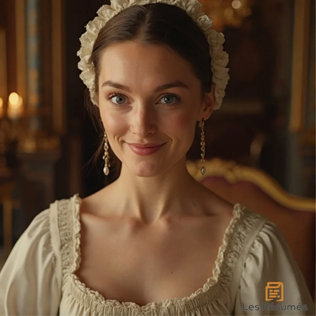 Photo de Suzanne, la servante vive et ingénieuse du Mariage de Figaro,  en robe claire, avec un regard complice et des boucles d’oreilles élégantes.  