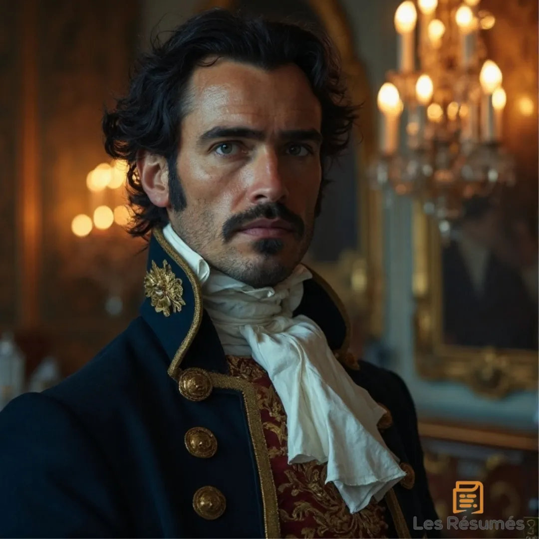 Photo du Comte Almaviva, noble autoritaire dans le Mariage de Figaro en habit d’époque, avec une veste ornée, un foulard blanc et un regard intense dans un salon luxueux. 