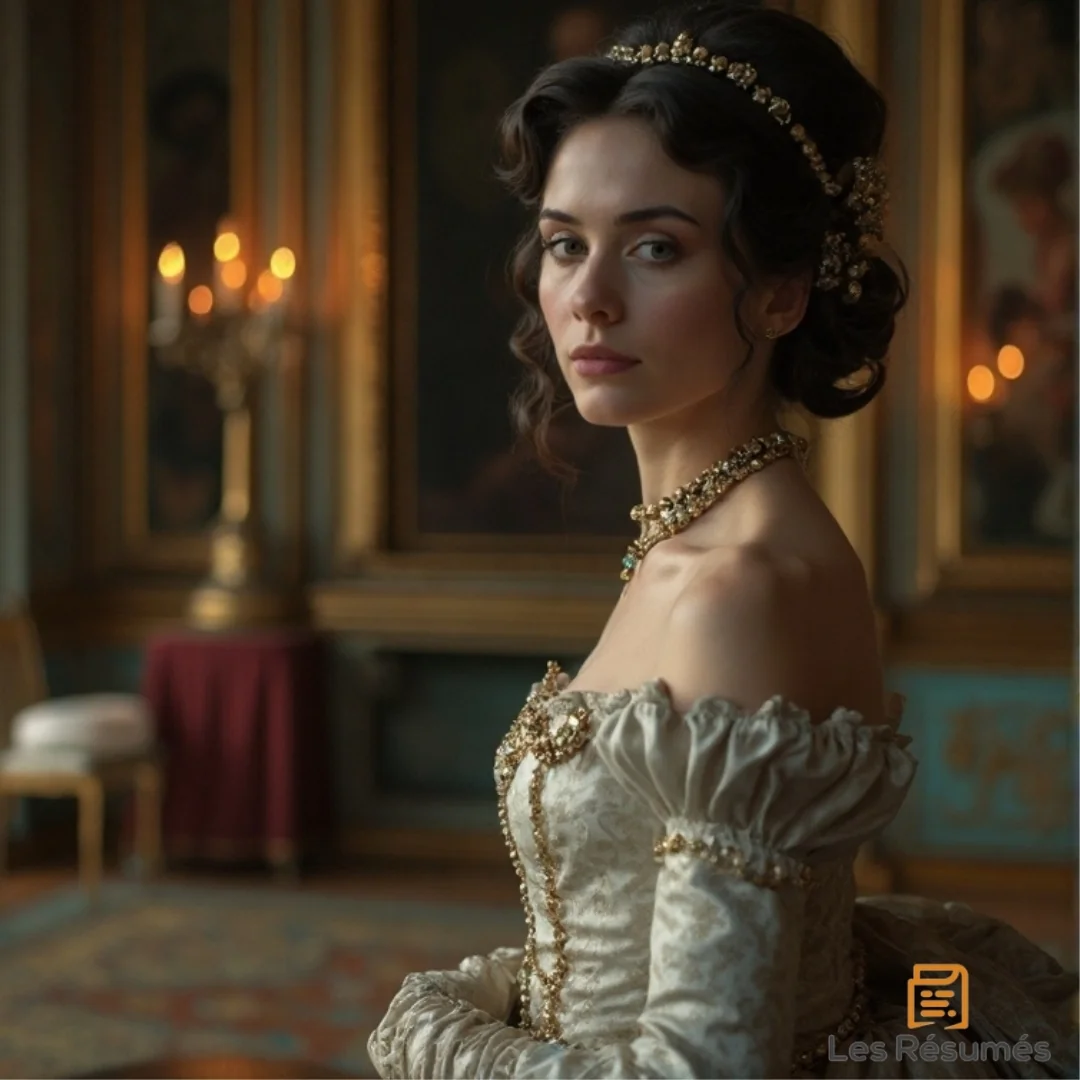 Photo de la comtesse Rosine dans un salon luxueux avec une robe dorée et des bijoux sophistiqués. 