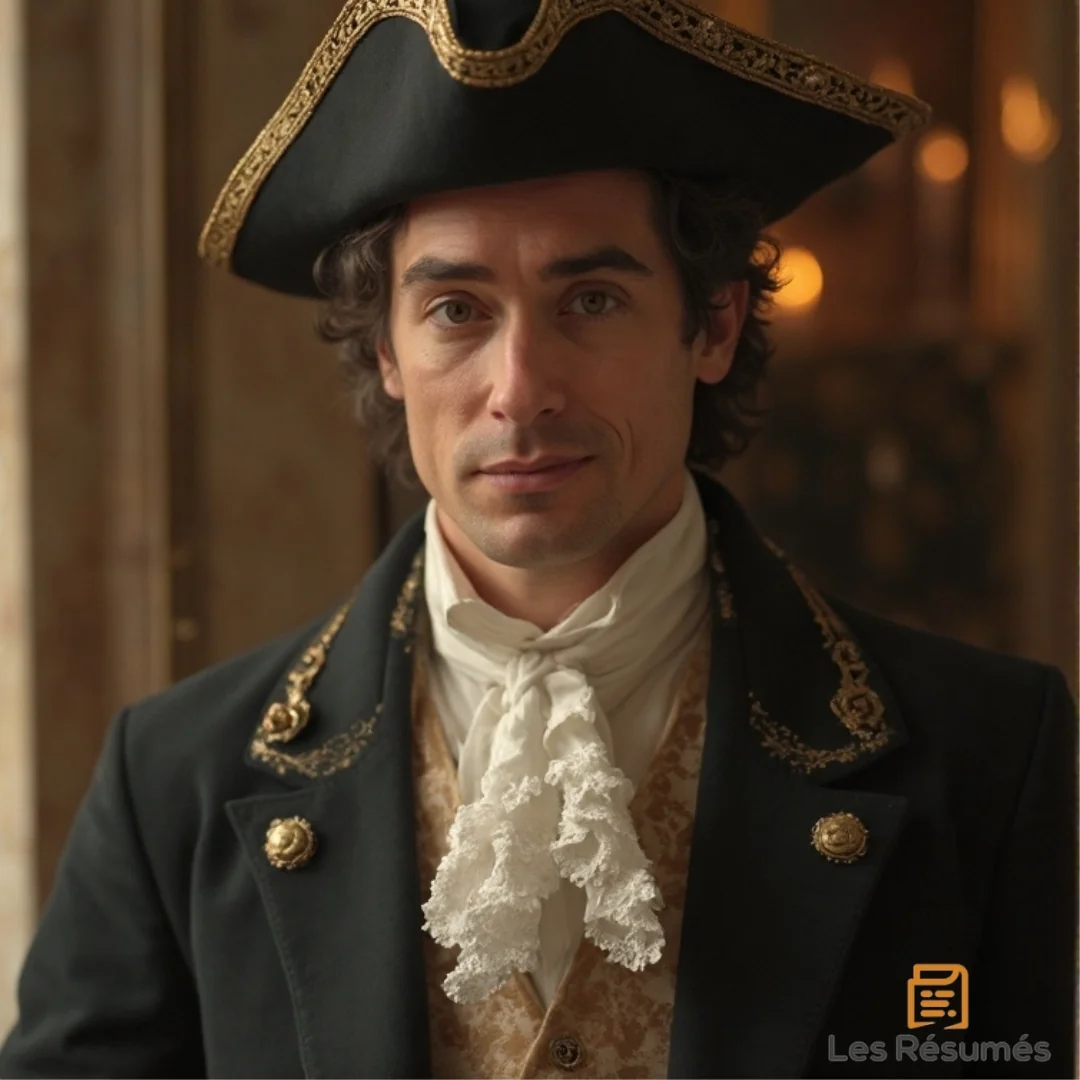 Photo de Figaro en habit noir avec un chapeau tricorne, portant une veste ornée et un foulard blanc, au sourire mystérieux. 