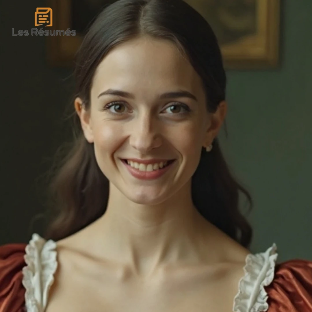 Photo d'une jeune femme souriante, portant une robe raffinée aux couleurs chaleureuses. Elle incarne Silvia, la fille de Monsieur Orgon, qui échange son rôle avec sa servante dans le jeu de l'amour et du hasard.