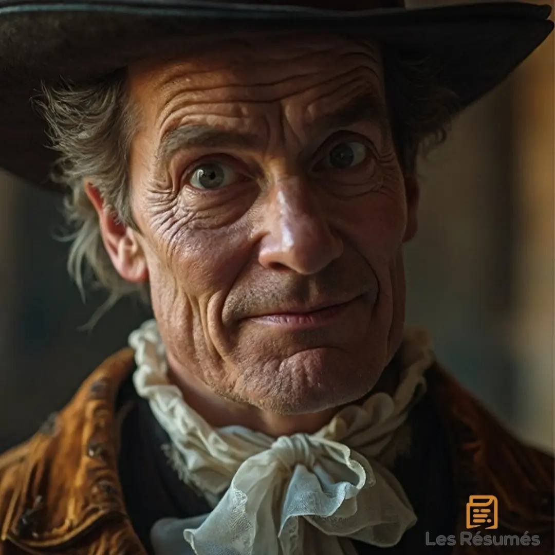 Photo d'un homme rusé au regard malicieux, coiffé d'un large chapeau et vêtu d’un manteau ancien. Il joue Arlequin, le valet déguisé en maître dans Le jeu de l'amour et du hasard.