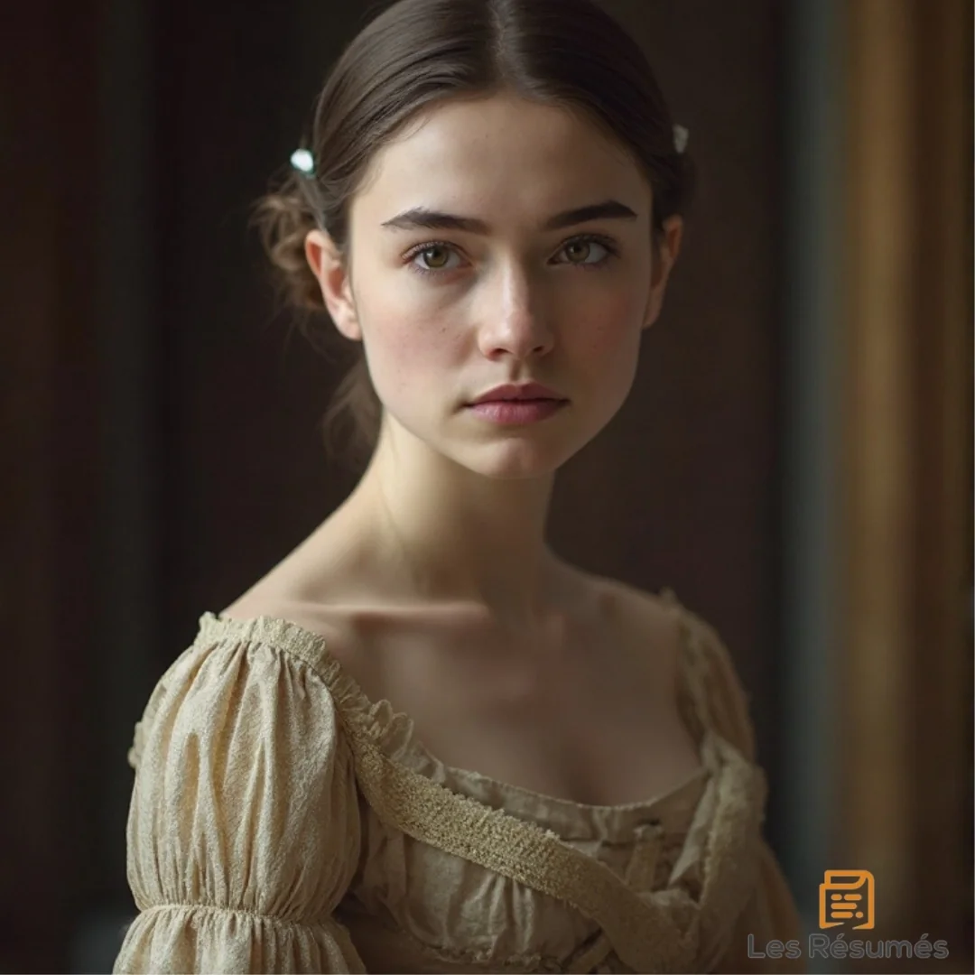 Photo d'une jeune femme à l’expression pensive et réservée, vêtue d’une robe simple et claire. Elle incarne Lisette, la servante de Silvia, prenant la place de sa maîtresse.