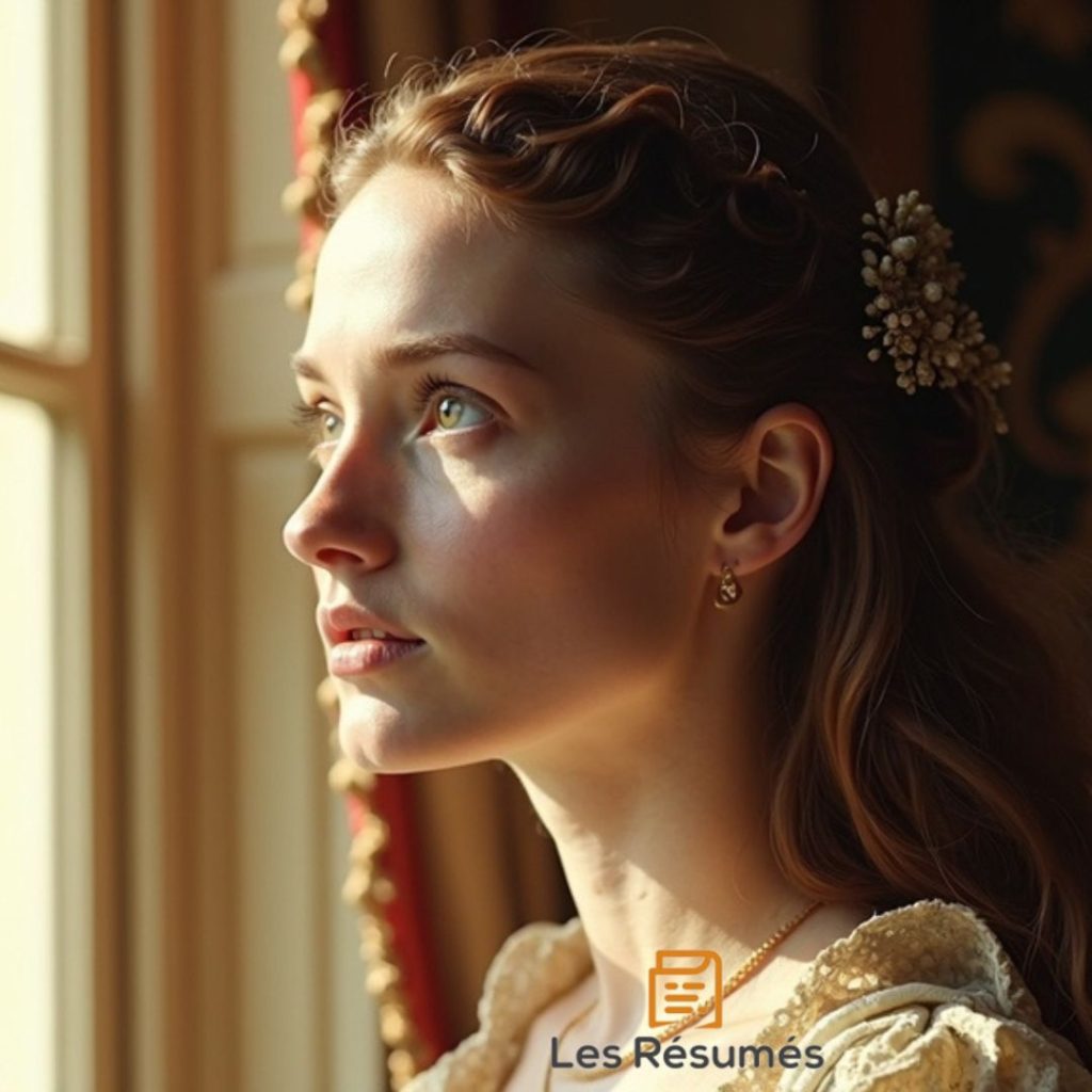 Photo d'Angélique, la fille d'Argan, qui regarde par la fenêtre de manière pensive, dans Le Malade Imaginaire. 