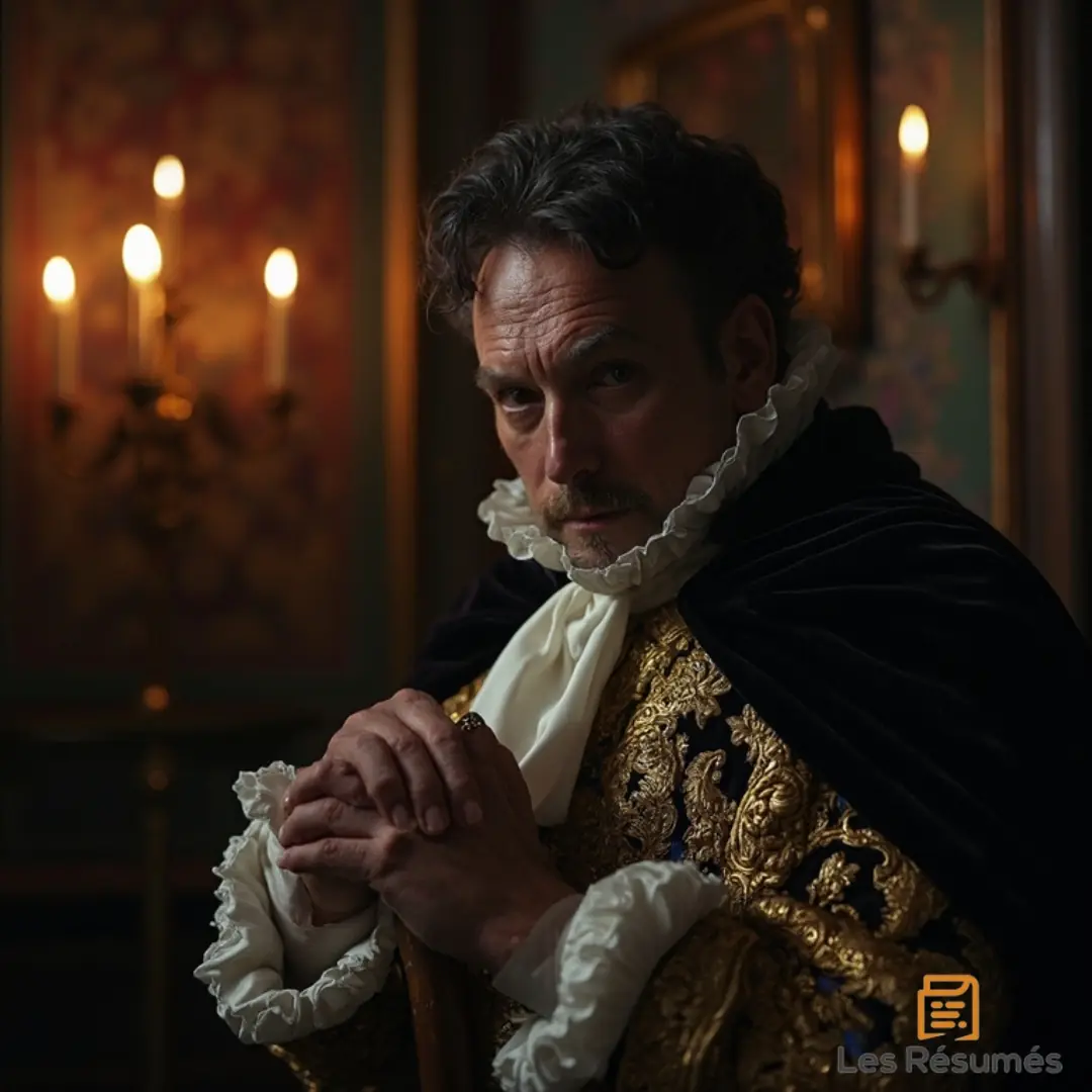 Photographie de Don Salluste, vêtu d'une cape noire et d’un costume orné de broderies dorées. Il est assis dans une pièce aux chandeliers, incarnant l'autorité et la manipulation. 