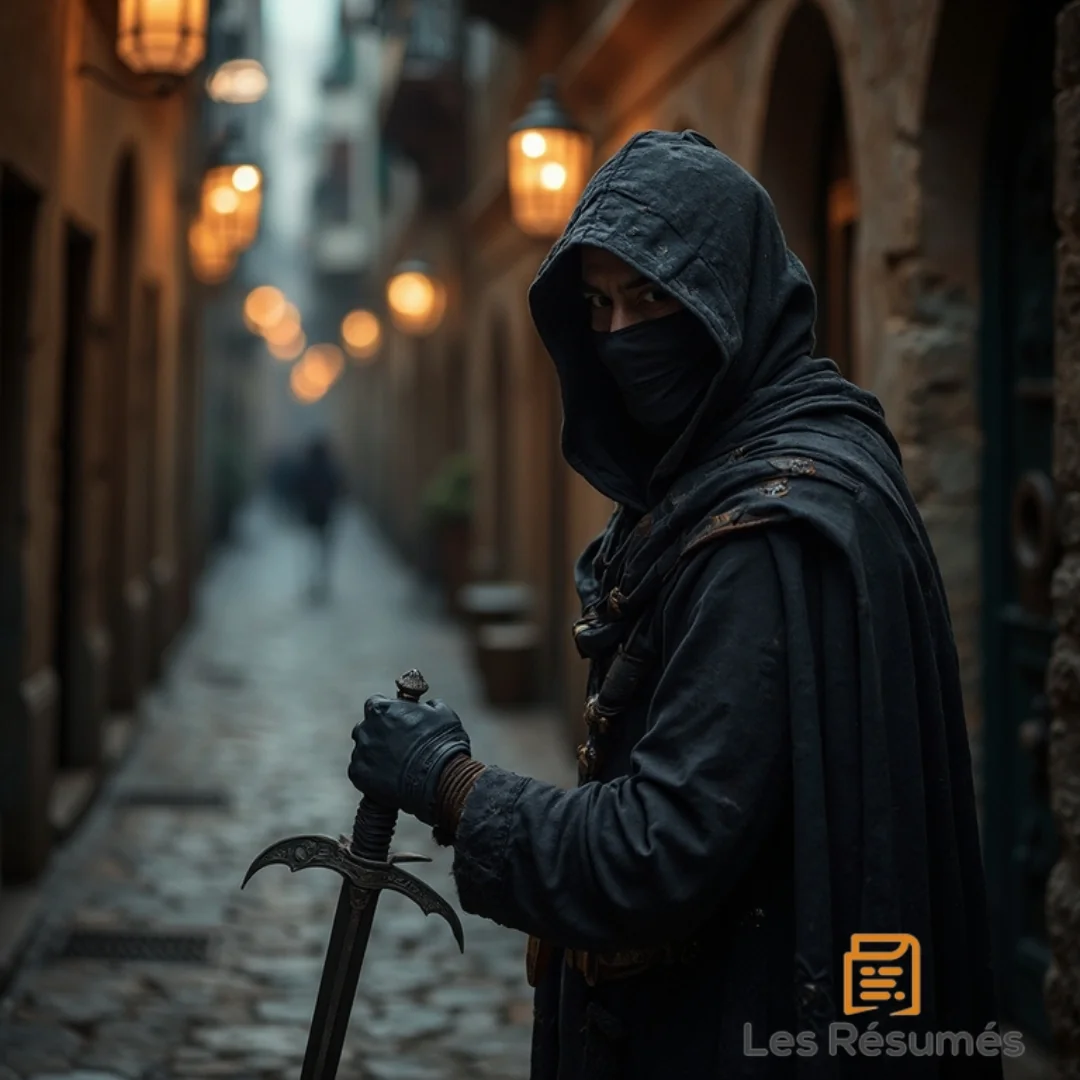 Photo de Zafari (alias Don Césare) , vêtu d'une cape noire et d'une capuche dissimulant partiellement son visage. Il se tient dans une ruelle sombre éclairée par des lanternes, tenant une épée, incarnant un brigand ou un hors-la-loi. 