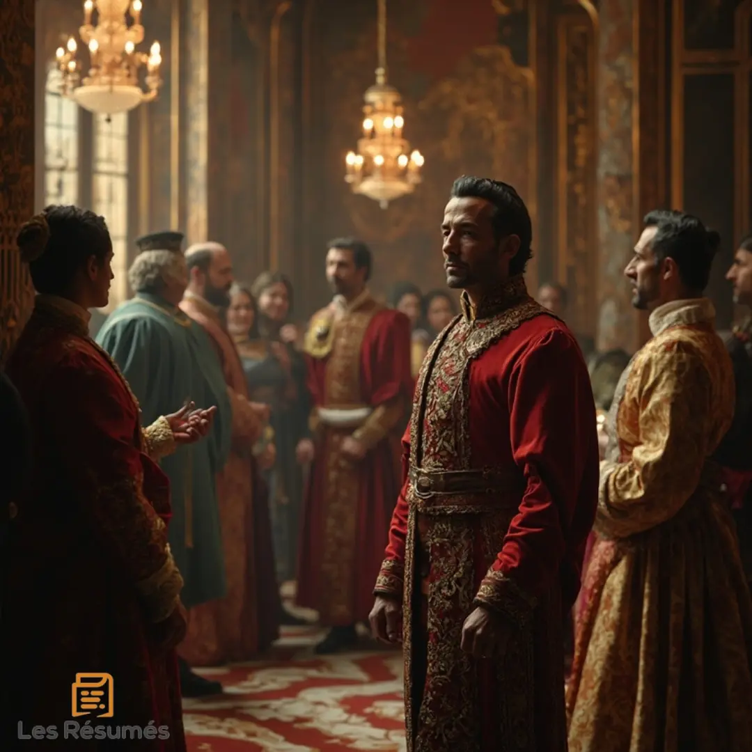 Un noble espagnol dans une salle luxueuse, vêtu d'un habit rouge richement décoré, avec un regard sérieux et réfléchi, entouré d'autres courtisans en pleine discussion. 