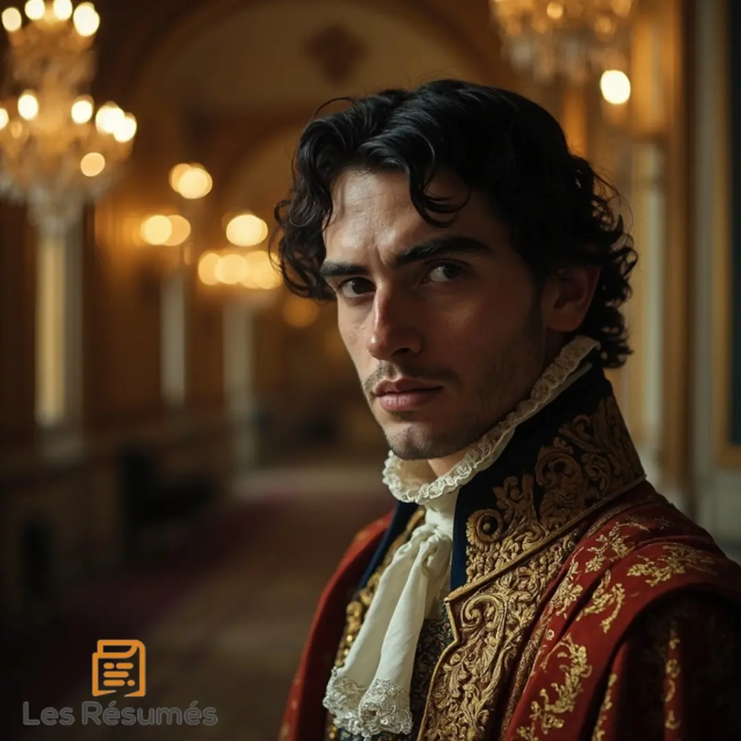 Photo de Ruy Blas au visage grave et déterminé, portant un habit rouge brodé et une collerette blanche. Il se tient dans un couloir d’un palais richement éclairé, dégageant une aura de noblesse et de complexité.