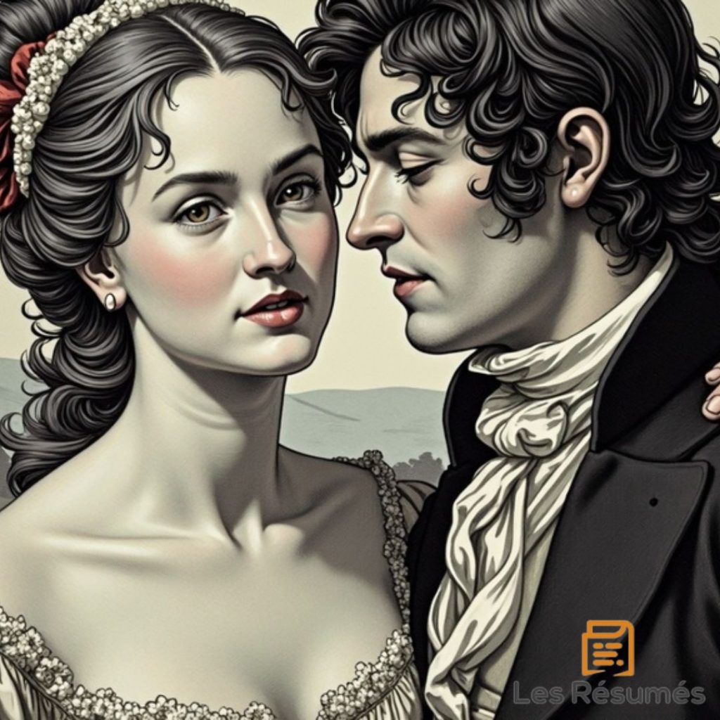 Illustration de Manon Lescaut nous regardant pendant que le Chevalier Des Grieux est contre elle.