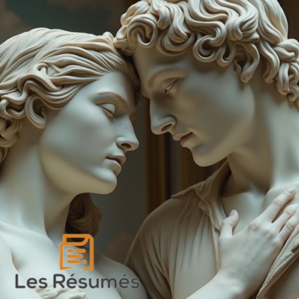 Statue de marbre représentant Manon Lescaut enlaçant le Chevalier Des Grieux, deux personnages du roman de L'Abbé Prévost.