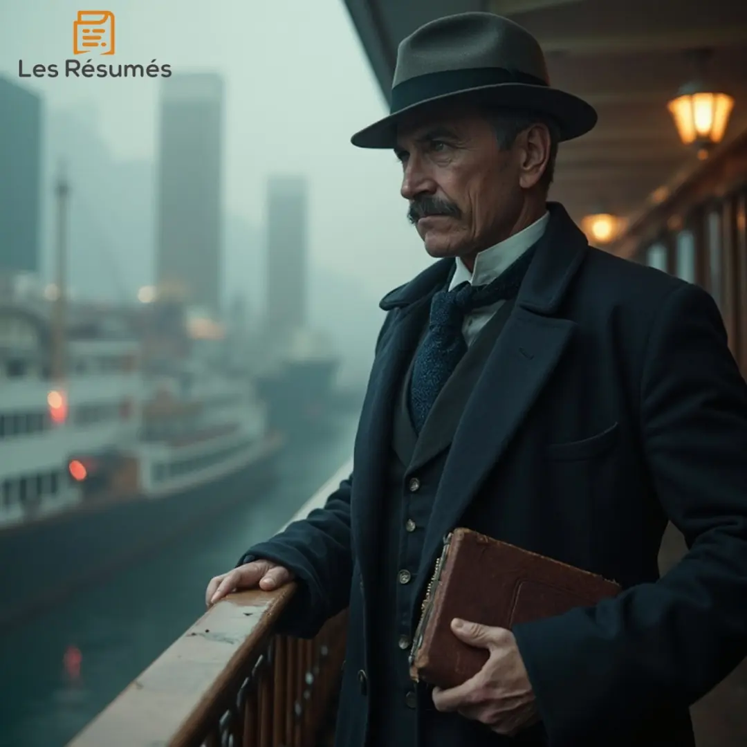 Photo de Fix, l'inspecteur de Scotland Yard, regardant pensivement l’horizon depuis le pont d’un bateau, son carnet à la main.