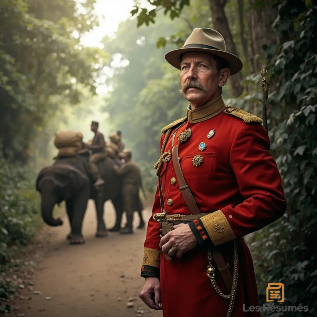 Photo de Sir Francis Cromarty : Brigadier-général britannique en Inde, en tenue militaire, observant la jungle et les éléphants en arrière-plan dans le tour du monde en 80 jours.