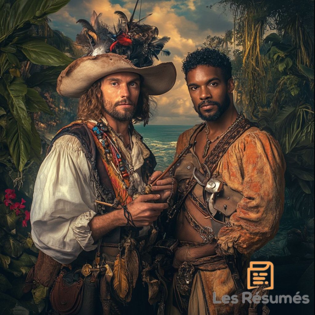 Photo représentant un homme d'origine africaine et un homme européen avec différents symboles de colonisation.