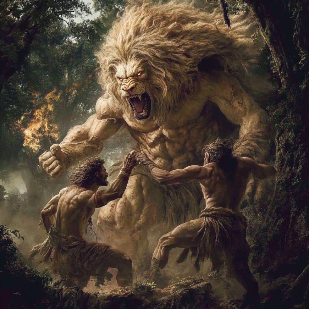 Photographie du combat entre Gilgamesh et Enkidu face à Humbaba (Houmbaba) dans notre résumé de l'épopée de Gilgamesh.