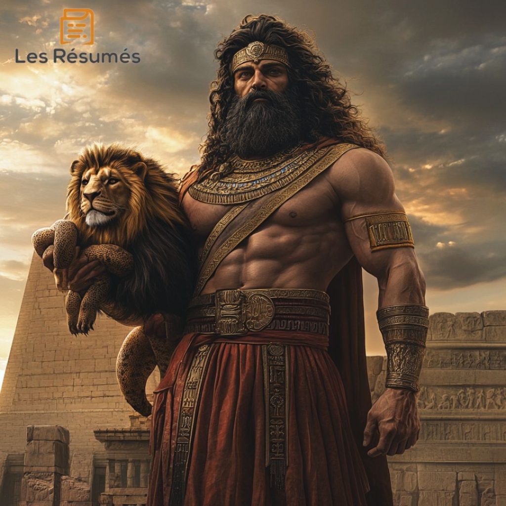 Photo de Gilgamesh qui s'habille avec une peau de lion pour sa quête d'immortalité.