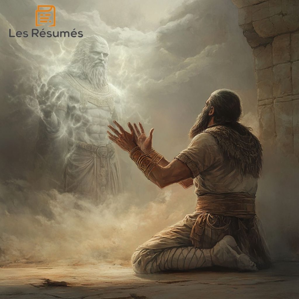 Photographie de Gilgamesh qui discute une dernière fois avec Enkidu selon la tablette 12 de l'épopée de Gilgamesh.
