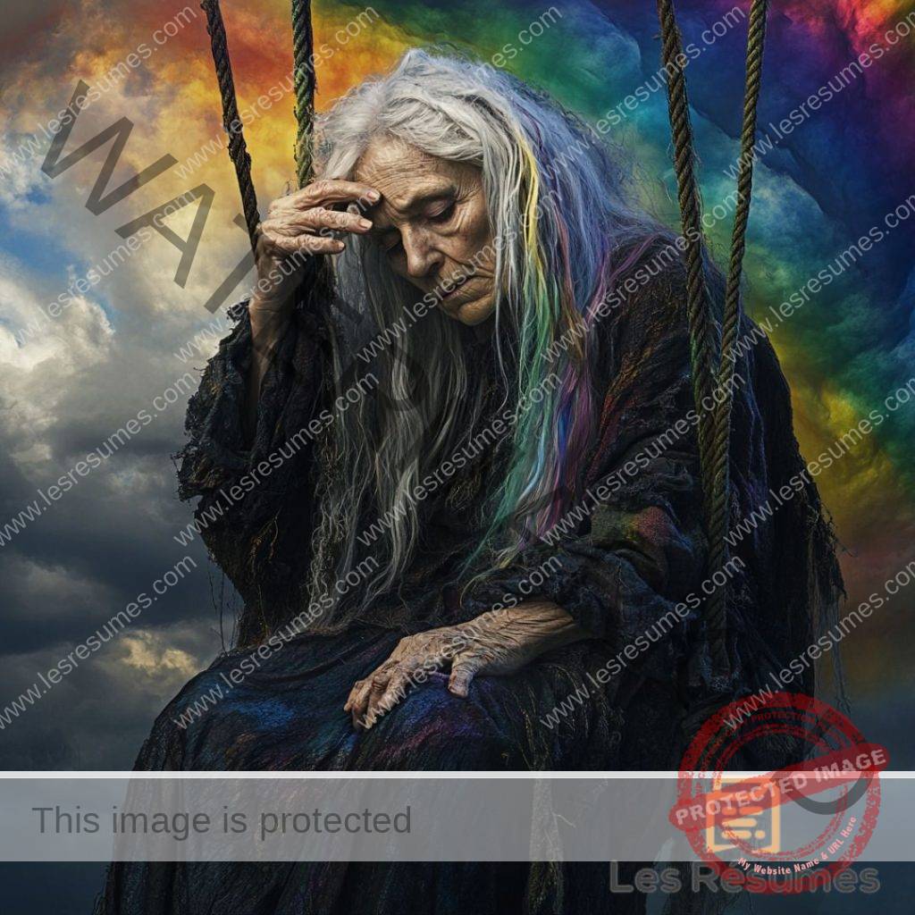 Photographie de la sorcière de l'arc-en-ciel assise sur sa balançoire dans le tome 1 de La Rivière à l'envers. 