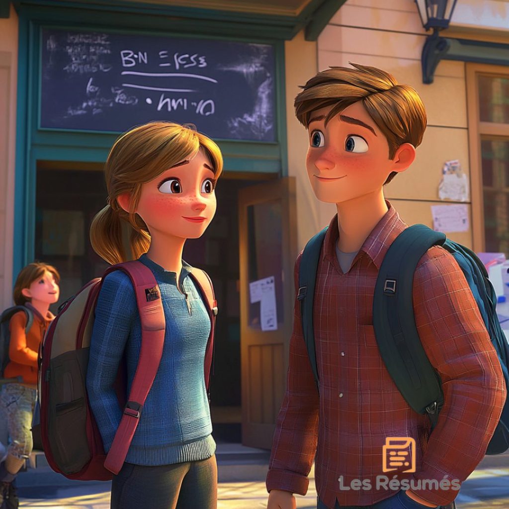 Ben et Anna en train de discuter ensemble à la sortie de l'école. 