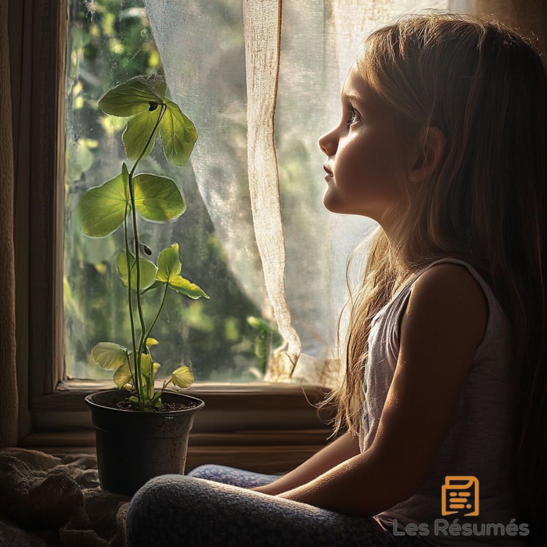 Photographie de la Petite Fille Malade devant sa plante.