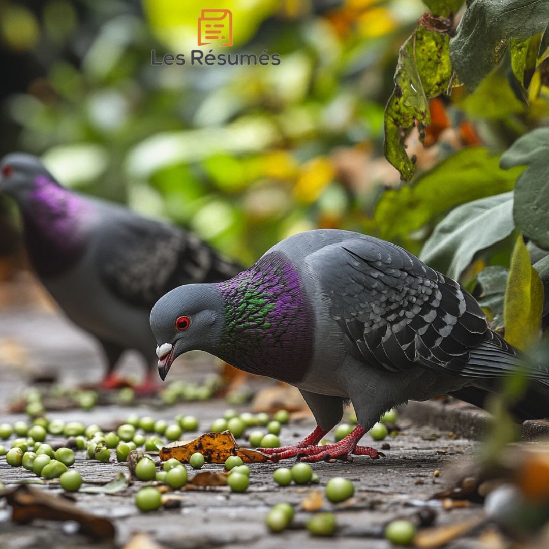 Photographie des pigeons qui mangent des cosses de pois.
