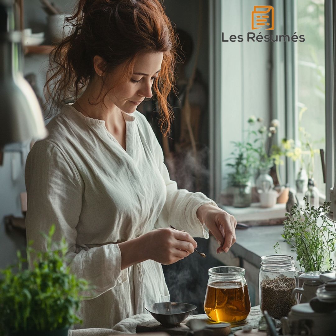 Photographie de la mère du petit garçon malade en train de lui préparer une tisane.