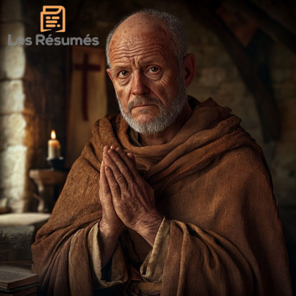 Lancelot du lac, âgé, en prière, vêtu d'une robe de moine, incarnant la repentance.