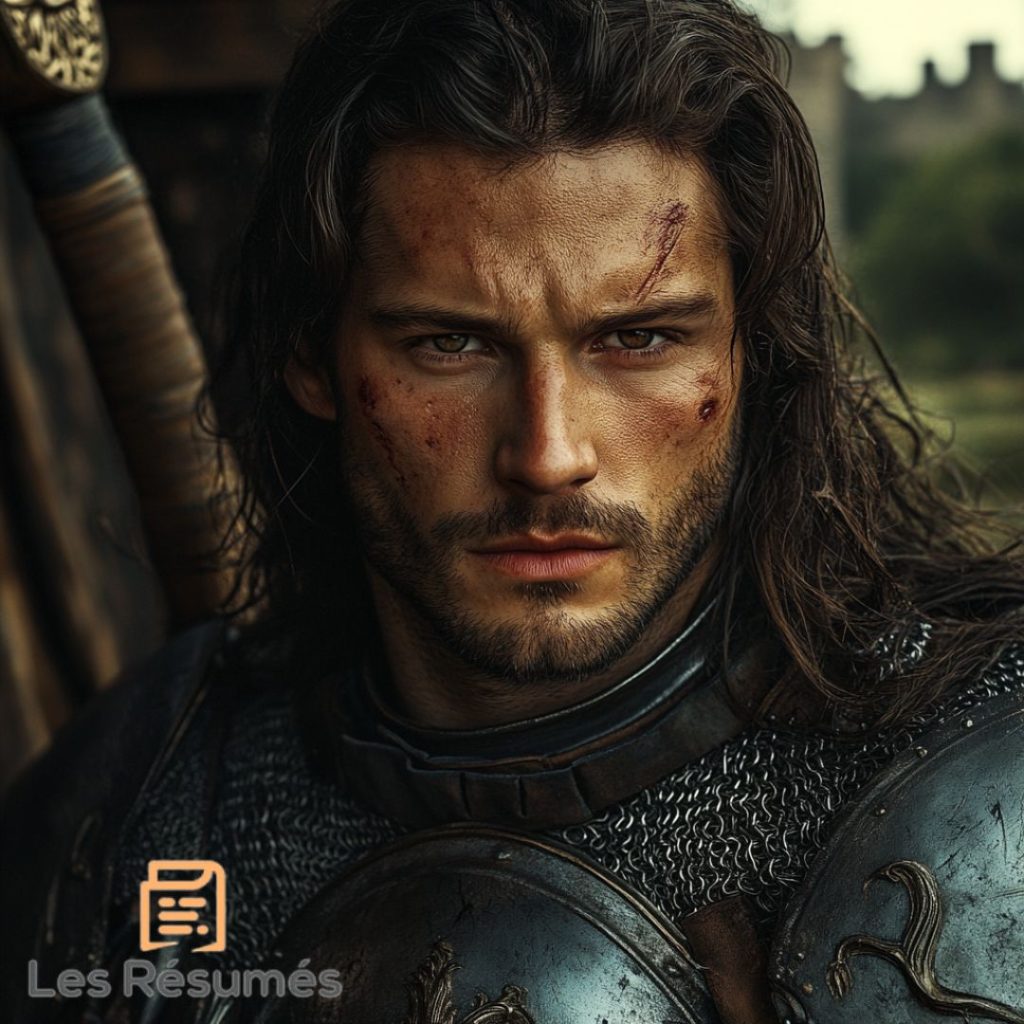 Lancelot aux cheveux longs et au visage marqué par la bataille, tenant une épée, représentant le courage de Lancelot dans le résumé de Lancelot ou le chevalier de la charrette.