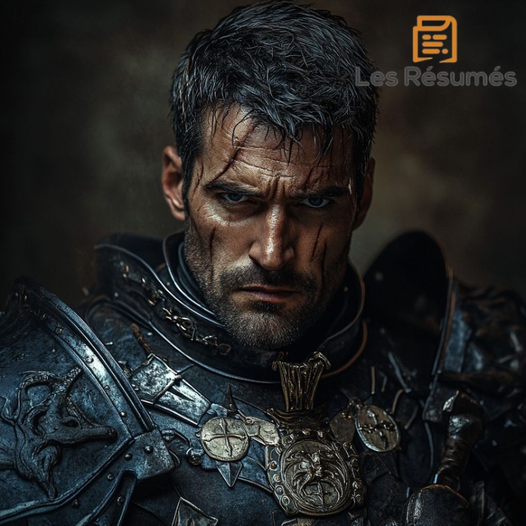 Méléagant au visage sévère, vêtu d'une armure sombre, avec des cicatrices de bataille sur son visage. Représentation de la force et de la résilience de Lancelot dans le résumé de Lancelot ou le chevalier de la charrette.