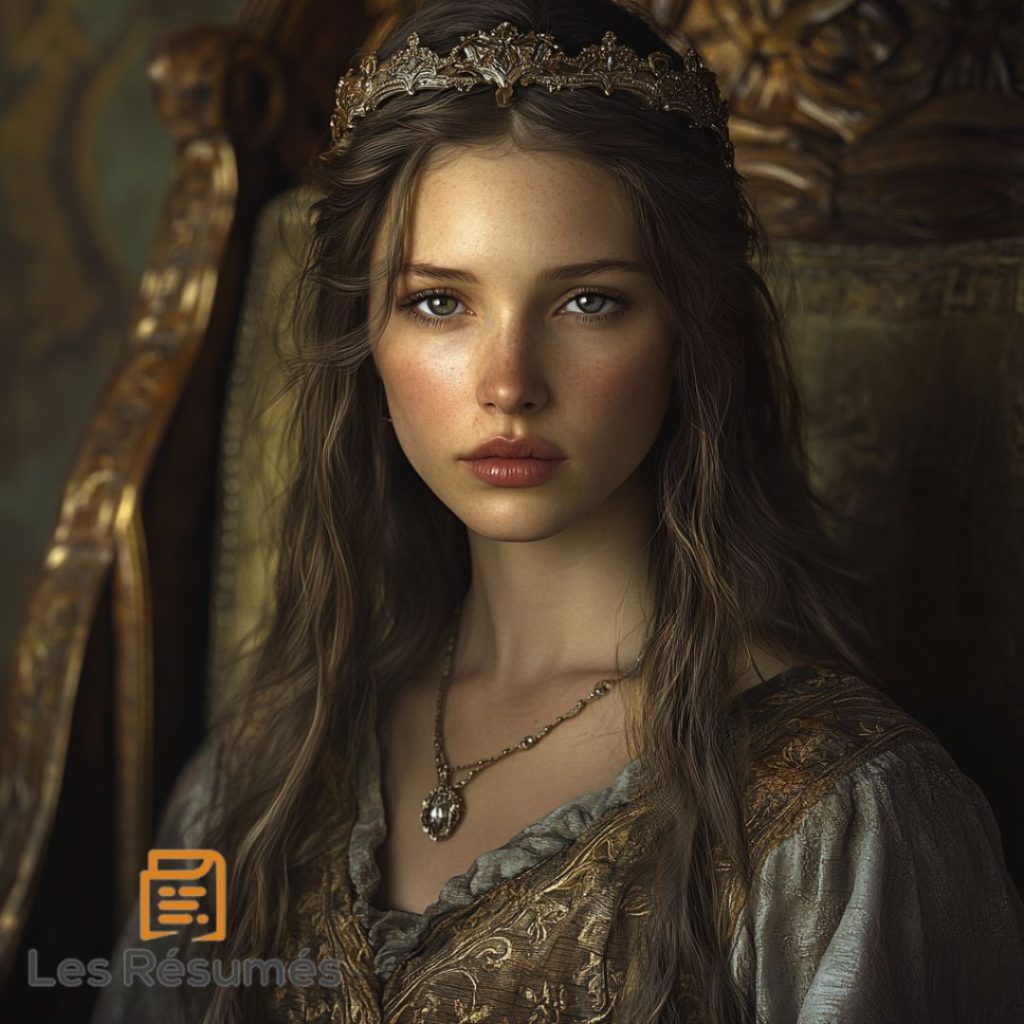 Guenièvre couronnée, au regard doux et déterminé, évoquant l'élégance et la noblesse d'une figure féminine dans le résumé de Lancelot ou le chevalier de la charrette.