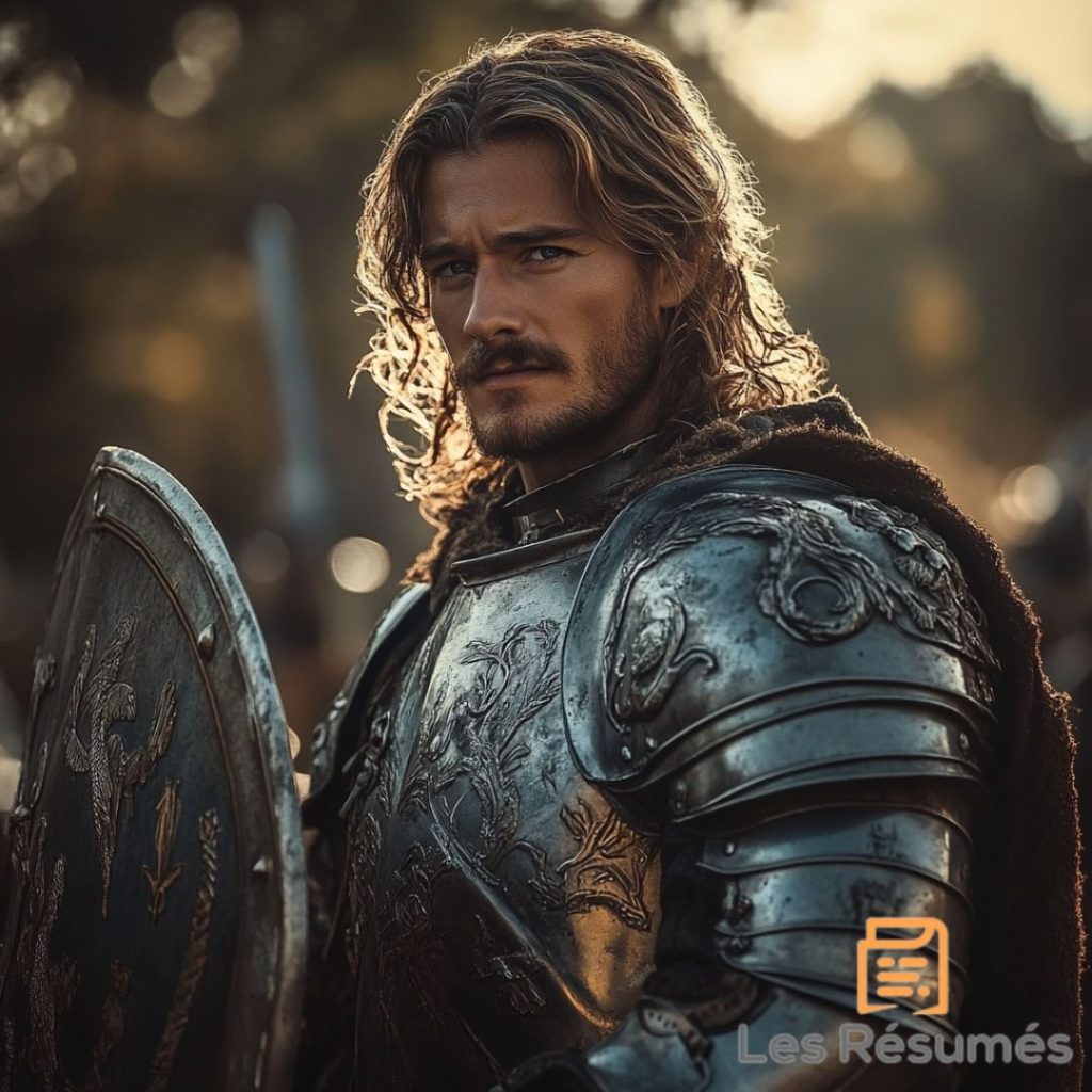 Gauvain avec une armure brillante, tenant un bouclier, prêt à affronter le danger dans le résumé de Lancelot ou le chevalier de la charrette.